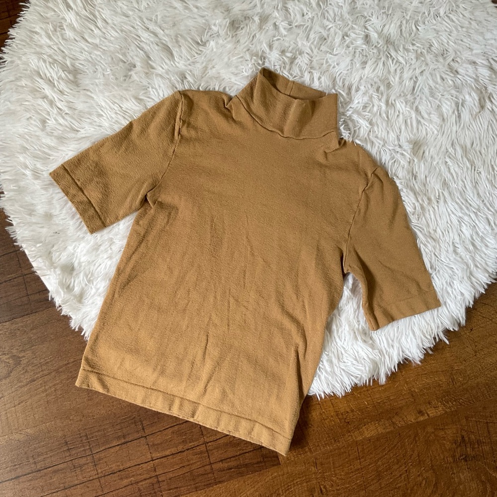 WOLFORD Satin Natural Mock Neck Short Sleeve Top Shirt Camel Color XS